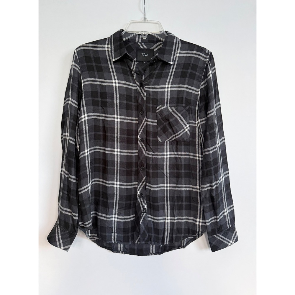 Rails Hunter Plaid Button Down Long Sleeve Rayon Shirt Women's XS Black Grey